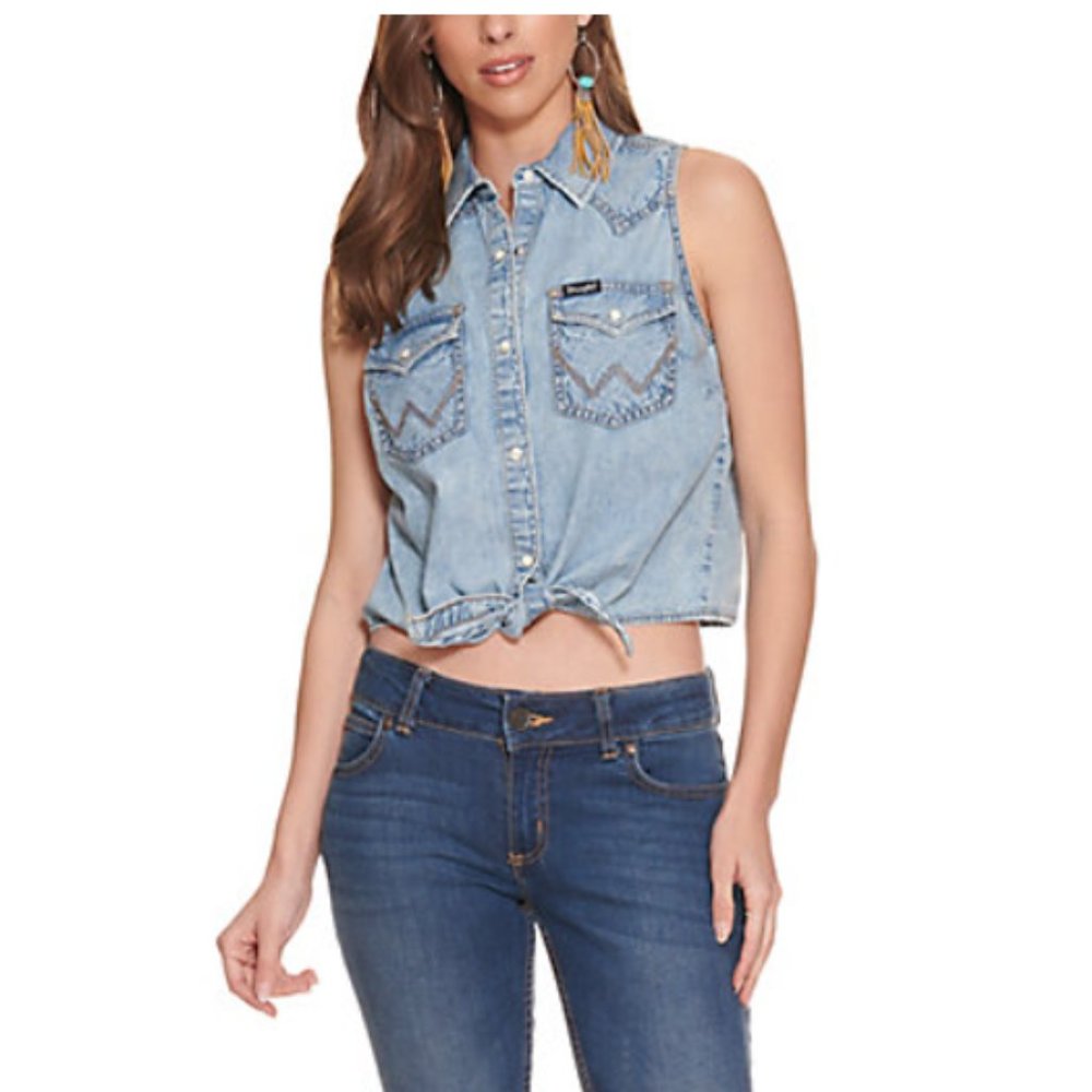 Women's Retro Sleeveless Chambray tie front top